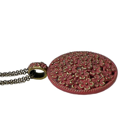 Floral Medallion Red Orange Patina Pendant Double Chain Antique Bronze - Picture 4 of 10